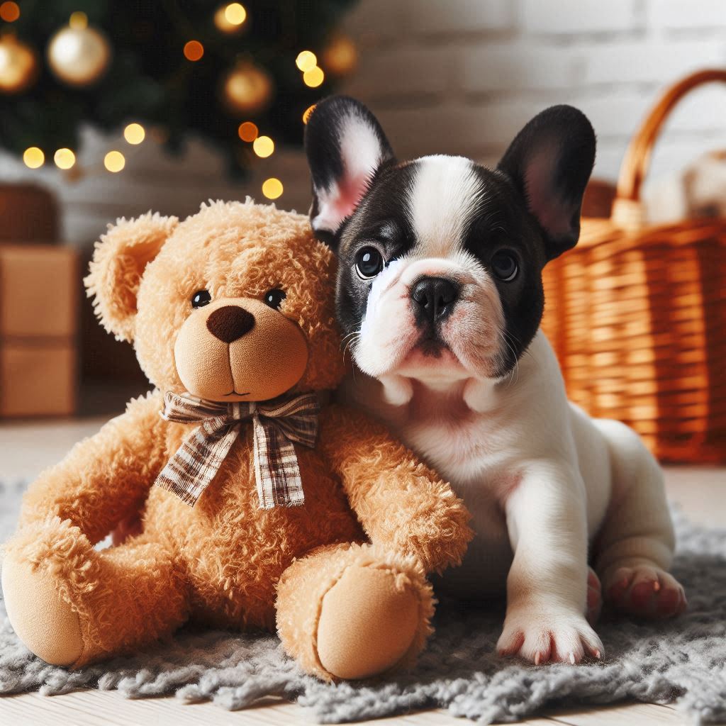 Französische Bulldogge mit Kuscheltier