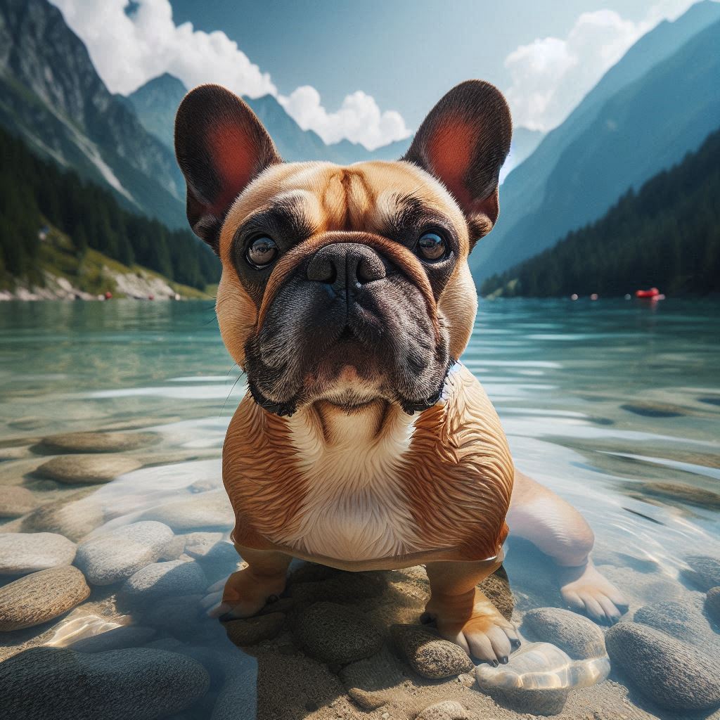 Französischer Bulldogge im blauen Bergwasser